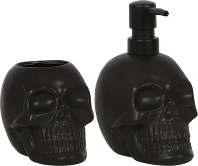 Produktbild von 2er Set Zahnbürstenhalter und Seifenspender schwarze Bad/WC Totenköpfe