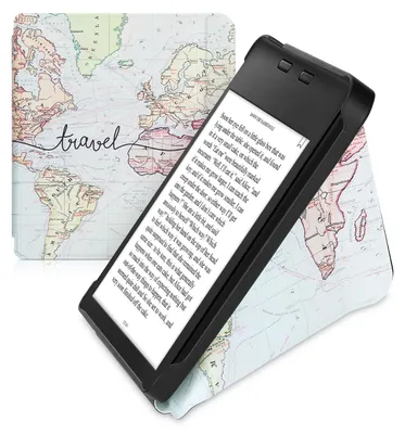 Produktbild von kwmobile Kunstleder eReader Schutzhülle für Kobo Libra 2 Hülle - Falt Cover für E-Reader in Schwarz Mehrfarbig - Travel Schriftzug