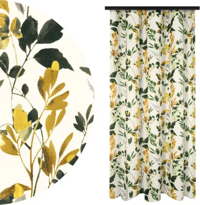 A close-up of a curtain fabric with a leaf pattern and a full curtain hanging.