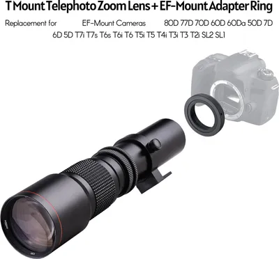 Obrázek produktu pro 500mm F/8.0-32 Super teleobjektiv s vícenásobnou povrchovou úpravou Manuální zoom + sada adaptéru pro Canon Rebel T3 T3i T4i T5 T5i T6 T6i T6s T7 T7i SL1 SL2 6D 7D 60D 70D 77D 80D
