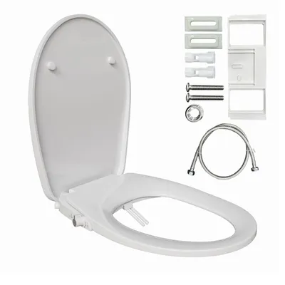 A white bidet toilet seat and its installation accessories are displayed on a white background.