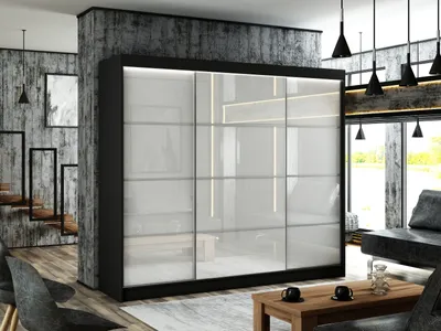 Produktbild von Kleiderschrank Porto III 250 cm inklusive 3 Schiebetüren Lieferung bis in die Wohnung Kleiderstange Garderobe Schrank (Farbe: schwarz, lacobel weiß, Sprosse)