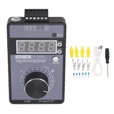 A voltage and current signal generator with accessories, laid out on a white background.