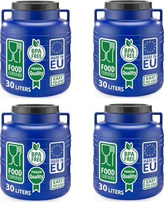 Produktbild von 4er Set Weithalsfass Sauerkrautfass Fasssilage Regen Fass Gepäcktonne Camping 30 Liter mit Deckel blau