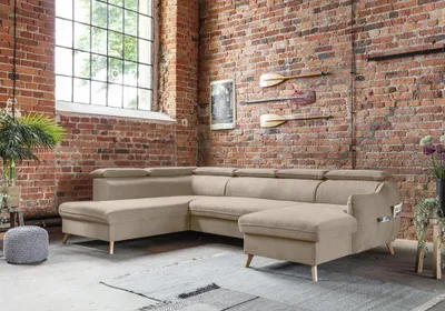 Produktbild von MIUFORM Sweet Harmony - Ecksofa mit Bettfunktion und Bettkasten U-FORM LINKS - 321x208cm - Velours Beige - Sofa Schlafsofa Couch