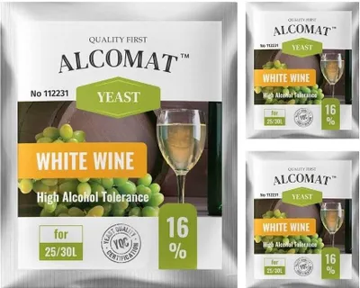 Zdjęcie produktu dla Alcomat White Wine HAT Yeast Drożdże do białego wina Drożdże fermentacyjne Wino Drożdże do wina białego 25 do 30 litrów aktywnych drożdży suchych do 16% 3 sztuki