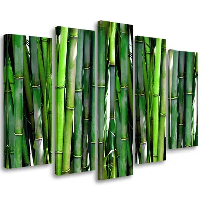 Image de Tableau en toile 5 pièces forêt de bambous nature verte 200 x 100 cm Feeby tableau mural vert prêt à accrocher