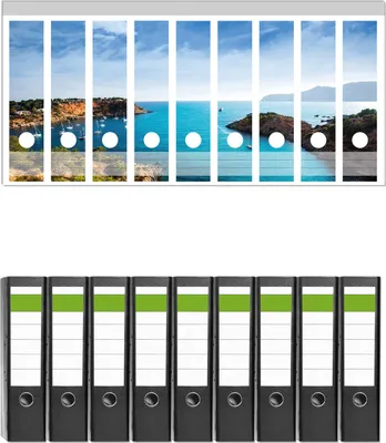 Produktbild von Wallario 9 Stück breite Ordner inkl. Klebeetiketten mit Motive Ibiza - Blick von einer Bucht aufs Meer -  Set mit Rückenschildern / Ordnerrücken Stickern