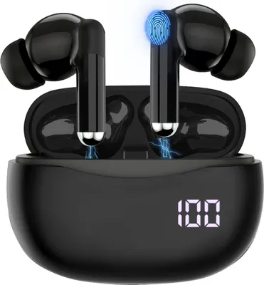 A pair of black wireless earbuds in their charging case, with a digital display showing '100'.