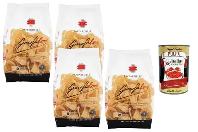 Produktbild von Italian Gourmet Pappardelle Nr. 1-35 Pasta di Gragnano IGP 4×500 g Bronzegezogen Hartweizengrieß Pasta aus Italien für Ragù & Pilzsaucen + Italian Gourmet Polpa