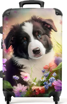 Produktbild von NoBoringSuitcases.com® Großer Koffer - Welpe - Sonne - Blumen - Natur - Border Collie - Hund - Kombinationsschloss TSA - Hartschalen Trolley 4 Rollen - 72 liter - Reisekoffer - 66 cmKoffer Mittelgroß 67x43x25 cm, 72L,