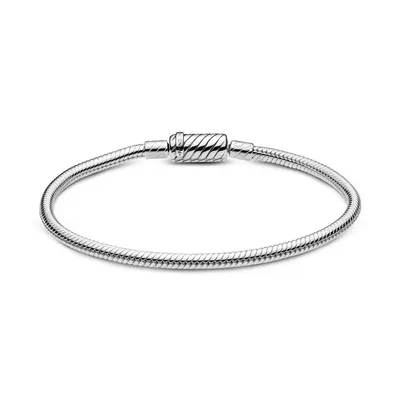 A silver Pandora Moments snake chain bracelet with a magnetic clasp, presented on a white background.