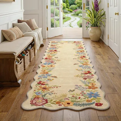 Produktbild von Omgoods – Waschbarer Teppich, 60x240 cm, Beige, Blumenmuster, rutschfest