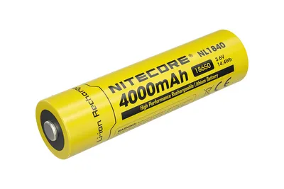 A yellow Nitecore 18650 rechargeable lithium battery is shown against a white background.
