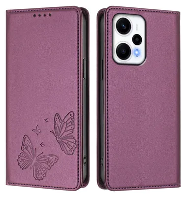 Produktbild von Lederhülle für Xiaomi Poco F5/Redmi Note 12 Turbo 5G, Schmetterling Prägung Leder Brieftasche Schutzhülle mit Ständer Lila