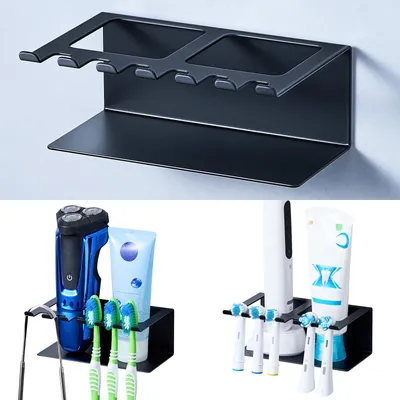 Produktbild von Zahnbürstenhalter für Wandmontage - Ohne Bohren mit Aufsteckbürsten-Halterung - Für elektrische Zahnbürsten und Zahnpasta - Schwarz, Klein