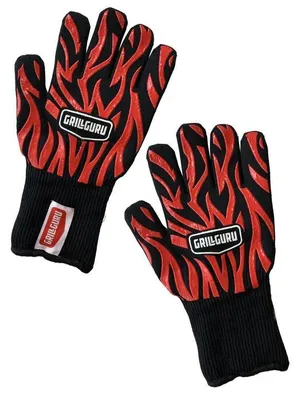 A pair of grilling gloves with a flame pattern.