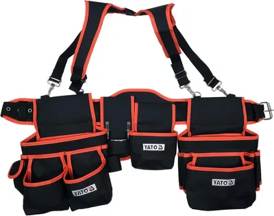 A black and orange tool belt with suspenders, laid out flat against a white background.