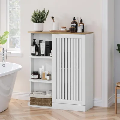Produktbild von Eck-Badezimmerschrank - 68x25x76 cm, Weiß und Eiche - Gittertüren und offene Regale - Verstellbare Einlegeböden - Kippsicherung