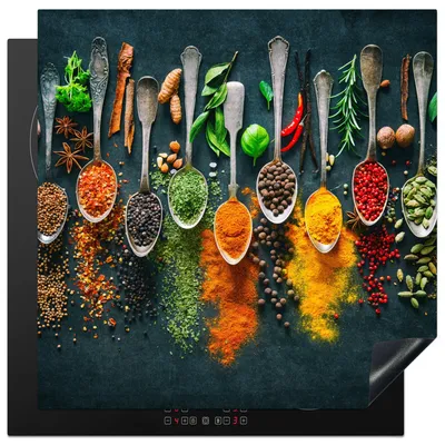 Obrázek produktu pro KitchenYeah® Krycí deska na sporák bylinky - koření - lžíce, 78x78cm, kuchyňská dekorace, keramický kryt varné desky, krycí deska na varnou desku