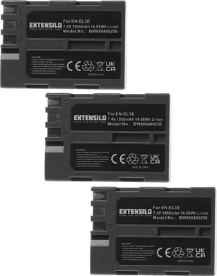 Produktbild von EXTENSILO 3x Akku Ersatz für Nikon EN-EL3e für Kamera (1900 mAh, 7,4 V, Li-Ion)