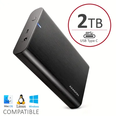 A black external hard drive with branding and compatibility icons.