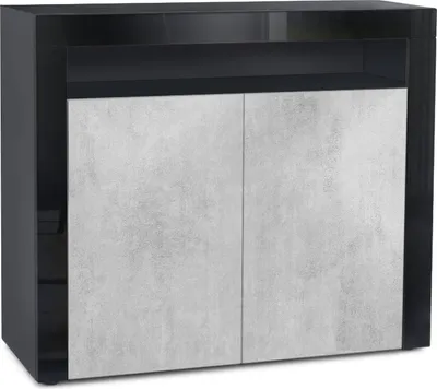 Produktbild von Vladon Kommode Valencia,  Germany, Sideboard mit 2 Türen und 1 offenem Fach, Schwarz matt/Beton Oxid Optik/Schwarz Hochglanz (108 x 92 x 40 cm)