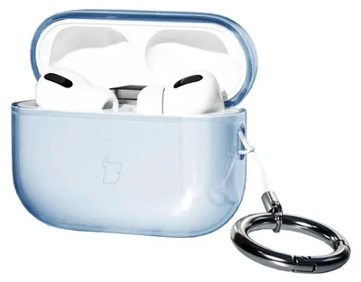 A transparent blue case for AirPods Pro 3 with a silver carabiner attached.