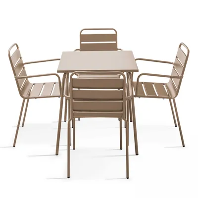 Produktbild von Bistrogartentisch und 4 Sessel aus pulverbeschichtetem Stahl Taupe - Oviala Palavas