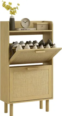 Produktbild von HOMCOM Schuhschrank, Schuhregal, 2 Klapptüren, 12 Paar Schuhe, Kunstharzoptik, Bohème-Design – Maße: 80 x 24,5 x 110 cm (L x B x H), Eiche