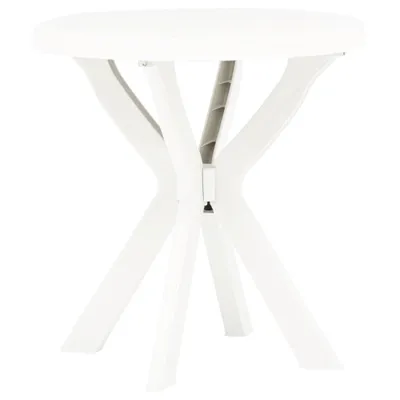 A white round table with a unique cross-shaped base, shown from a slightly elevated angle against a white background.
