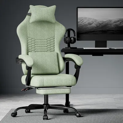 Obrázek produktu pro Herní židle Látková kancelářská židle Masážní herní židle s opěrkou hlavy Ergonomická závodní herní židle s opěrkou nohou Zelená