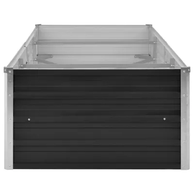 A front view of an empty, rectangular raised garden bed made of galvanized steel with anthracite-colored corrugated metal sides.