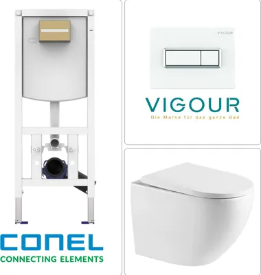 Produktbild von Wand-WC mit Tornado-Spülung, SoftClose WC-Sitz und CONEL WC Vorwandelement mit VIGOUR TEES Betätigungsplatte, weiß / chrom