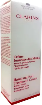 A white box of Clarins Hand and Nail Treatment Cream.