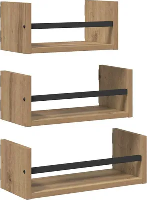 Three identical wooden shelves with black metal bars, arranged vertically.
