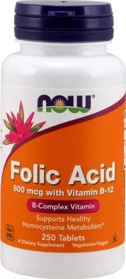 Produktbild von NOW Foods - Folsäure, 800 mcg mit Vitamin B12, 250 Tabletten
