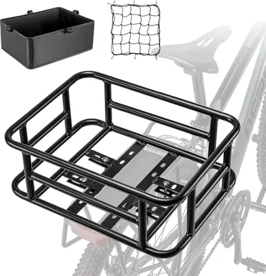 Produktbild von Fahrradkorb - Fahrradkiste - Hinterradkorb - mit Cargo-Netz & Innenfutter - Robust - Langlebig - Einfache Installation - 6kg Tragfähigkeit - 10L - Eisen - 42 x 32 x 15 cm - Schwarz