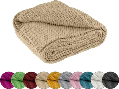Produktbild von Kuscheldecke Strick OEKO-TEX 140x190 beige - warme weiche Strickdecke mit edlem und schlichten Strickmuster