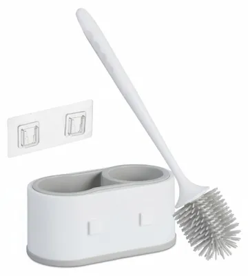 Produktbild von Relaxdays Toilettenbürste mit Wandhalterung, schnelltrocknend, WC-Bürste, Behälter, ohne Bohren, Kunststoff, weiß-grau