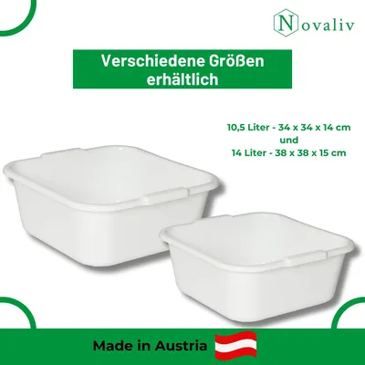 Obrázek produktu pro Novaliv 10x čtvercová mísa na mytí nádobí 14 l, 38x38 cm, bílá, bez BPA a vhodná do myčky - ideální do kuchyně a na kempování, vana, velká plastová mísa, čtvercová mísa na mytí, vana na mytí nádobí, mísa na mytí nádobí
