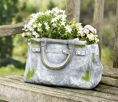 Produktbild von Blumentopf "Handtasche" in Stein Optik, Pflanztopf in Taschenform, Pflanzgefäß, Gartendeko für Draußen, Pflanzschale