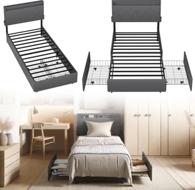 Obrázek produktu pro FIVMEN Čalouněná postel Dvoulůžko Jednolůžko 90x200 se 2 zásuvkami, postel s úložným prostorem, kovový rám postele, moderní postel pro mládež s rámem pro ložnici nebo pokoj pro hosty