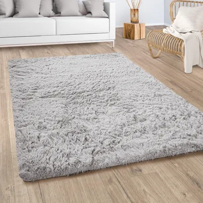 Produktbild von Hochflor Teppich Wohnzimmer Fellteppich Kunstfell Flauschig Rutschfest Silber Grau Grösse 160x220 cm