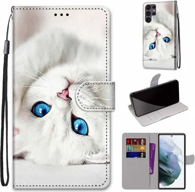Produktbild von König Design Hülle kompatibel mit Samsung Galaxy S22 Ultra 5G Kunstleder Handyhülle - Handy Case Weißes Kätzchen