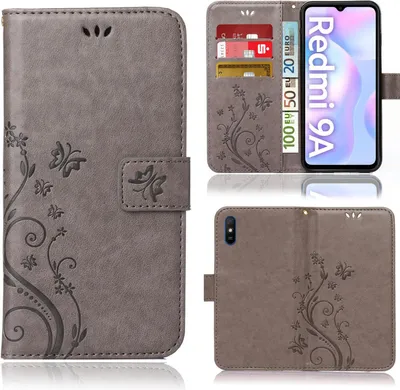 Produktbild von Handy Tasche für Xiaomi Redmi 9A / Redmi 9i Schutz Hülle Handyhülle mit Blumenmuster Klapp Hülle mit Standfunktion und Kartenfächer Grau
