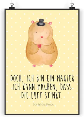 Produktbild von Mr. & Mrs. Panda Bild Hamster Hut DIN A4 - Gelb Pastell - Geschenk, Kunstdruck, Lustige Sprüche, Zylinder, Posterdruck, Zauberer, Magier, wanddeko, drucke, Zwerghamster