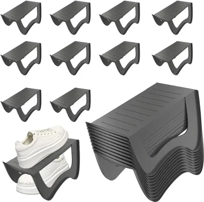 Immagine prodotto di QEENTOE, 30 pezzi, supporti antiscivolo per scarpe, fessure per scarpe in PP, porta scarpe antiscivolo, scaffali per scarpe, organizer per scarpe salvaspazio, contenitore per scarpe a doppio strato, ideale per armadi, dimensioni 25x14,5x14 cm, colore grigio
