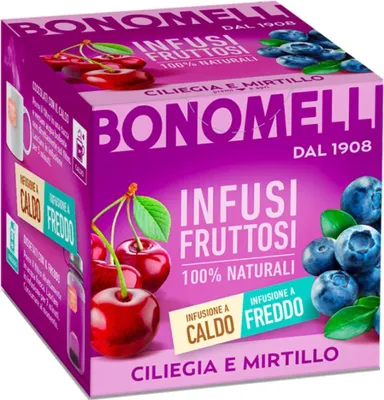Produktbild von 3x Bonomelli Infusi Fruttosi Ciliegia e Mirtillo Infusion mit Kirsche und Heidelbeere Packung mit 10 Filtern 100% natürliche Inhaltsstoffe