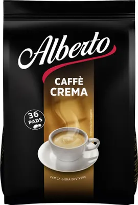 A package of Alberto 'Caffe Crema' coffee pads, featuring an image of a steaming cup of coffee.